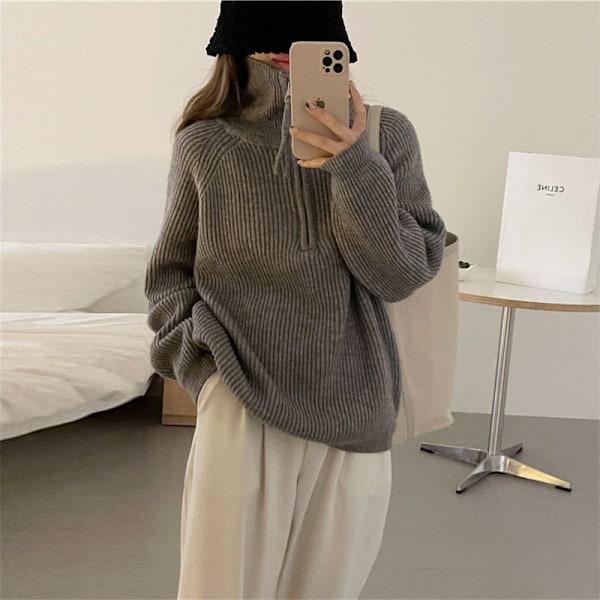 Dam långärmad 1/4 dragkedja krage stickad pullover tröja randig V-ringning lös casual jumper toppar