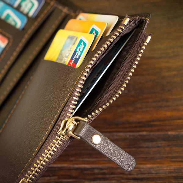 Läder RFID-blockerande smal plånbok med 10 kreditkort, 2 sedelfack, ID-fönster & myntficka Minimalistisk plånbok - brun