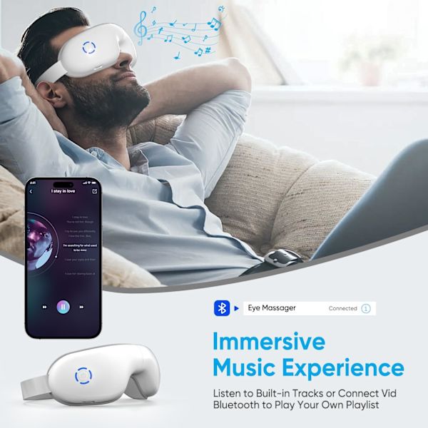 Øjenmassage med varme, opvarmet øjenmaske med Bluetooth-musik, masserer øjenmuskler, øjenplejegave med 5 massagetilstande og 180° folde-design