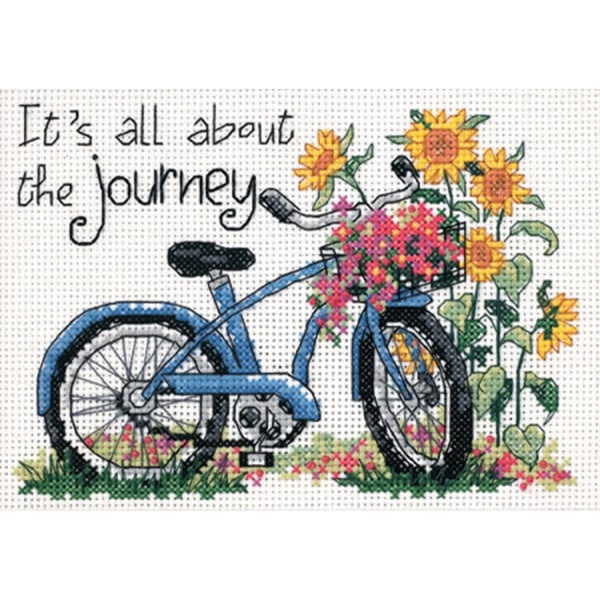 The Journey' Bicycle Counted Cross Stitch Kit, 14 Count vit tomt tyg, 7" x 5"
