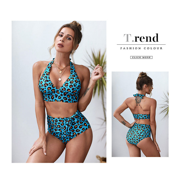 Kvinners Halterneck Leopard Bandeau Bikini Høy Midje Todelt Badedrakter, Blå, XL