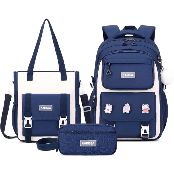 Jente Ryggsekk, 3stk Sett Ryggsekk for Jenter med Anti-tyveri Baklomme, Vannbestandig Tote Bag med Blyantveske for Barneskole 3pcs Set-blue S