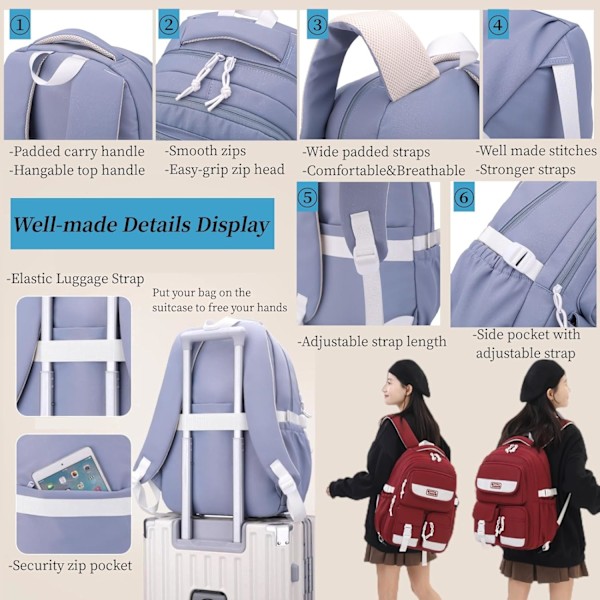Jente Ryggsekk Barn Ryggsekk for Gutter Multi-Pocket Barneskole Ungdomsskole Studenter Skolesekker for Gutter Tenåringer Casual Dagstursekk Blue