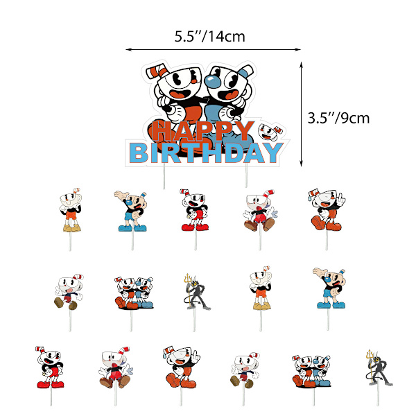 Cuphead temafest dekorationer inkluderer Happy Birthday banner, latex balloner, kagepynt
