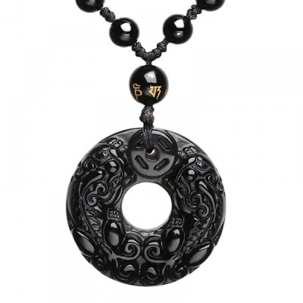 Obsidian Donut Peace Buckle PIXIU Amulet Necklace Pendant with Bead Chain for Men Men