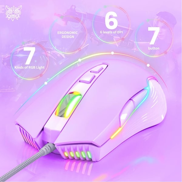 RGB Spillmus Trådløs, USB Optisk Datamus med RGB Bakgrunnsbelysning, 6 Justerbare DPI Opptil 6400, med 7 Programmerbare Knapper Lilac