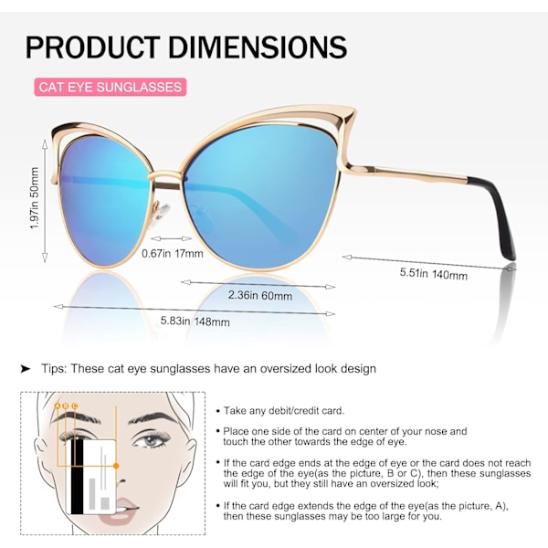 Trendy Oversized Solbriller til Kvinder Polariseret Cat Eye Cute UV400 Beskyttelse Gold Frame Blue Blue