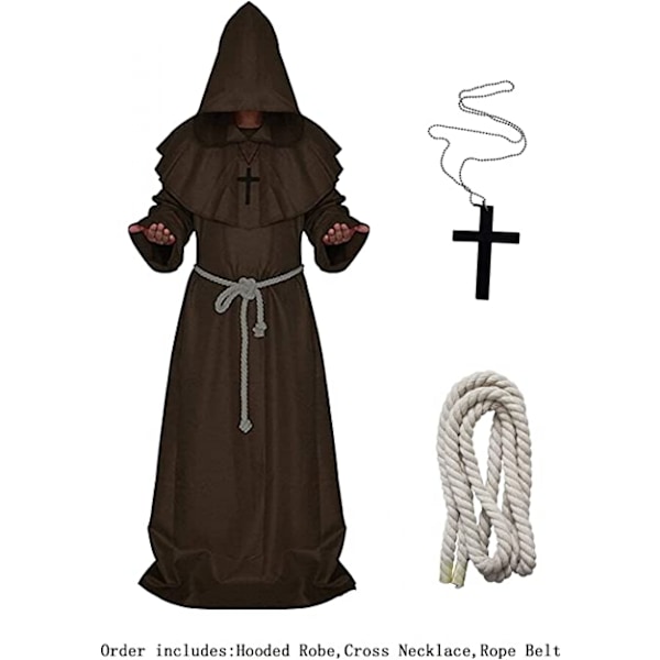 JUSTUP Halloween Cosplay -asu Puku Viitta Kaapu Munkki Keskiaikainen Hupullinen Munkki Renessanssi Pappi Kaapu Puku Cosplay（Ruskea，Koko S）