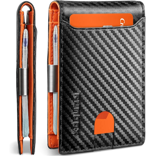 Slanke tegnebøger til mænd - Læder pengeklips til mænd - RFID-blokerende frontlomme Bifold-tegnebog - Minimalistisk kreditkortholder med gaveæske Carbon Black&Orange