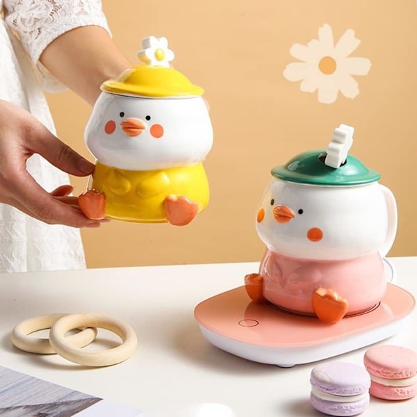 Gul Rolig Andkopp 3D Söt Mugg Keramik Kaffe Mugg med Sked för Mjölk Te Cappuccino Mugg för Kvinnor Flickor Söt Födelsedag Julgåvor Idé