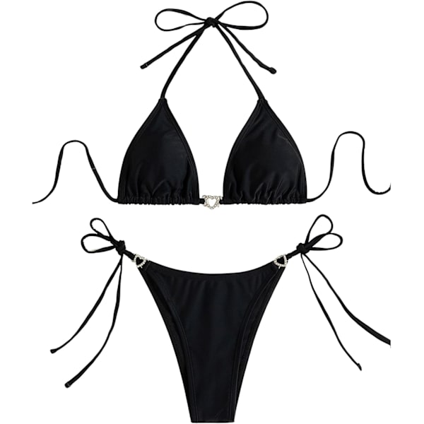 WJSM Dame Halter Binde Side Trekant Bikini Sæt Høj Skæring 2 Del Bikini Badetøj Rhinestone Black M