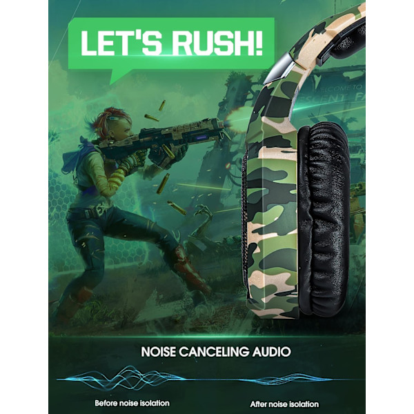 Gaming Headset med mikrofon, Gaming Hörlurar för PS4 PS5 Xbox One PC med LED-lampor, Playstation Headset med brusreducering 7.1 Surround Sou Green