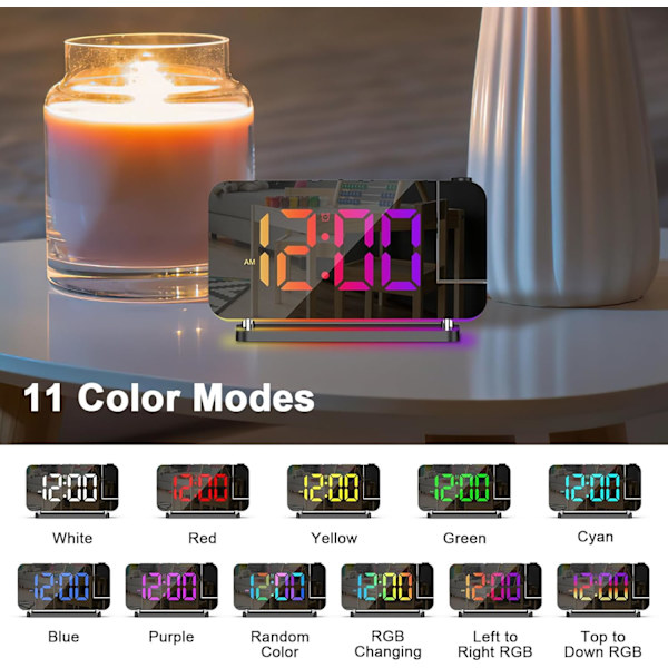 Projektionsväckarklocka, 7-tums RGB digital väckarklocka med 10-färgad nattlampa, digitala klockor Projektion på takvägg 180° roterbar, 6-nivå B white