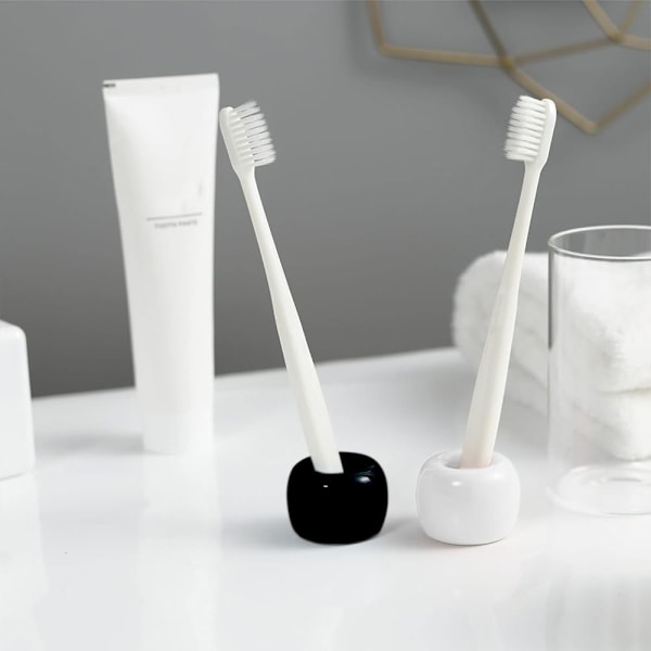 Mini Keramisk Tandbørsteholder Stativ til Badeværelse Forfængelighed Bordplade, Håndlavet Par Tandbørste Hovedholder, Barbermaskineholder og Kontor Penneholder, B Black white