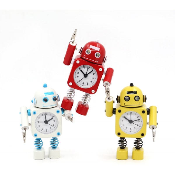 Robotväckarklocka i rostfritt stål utan tickande ljud - Väckarklocka med blinkande ögonlampor och handklämma (Rubinröd)