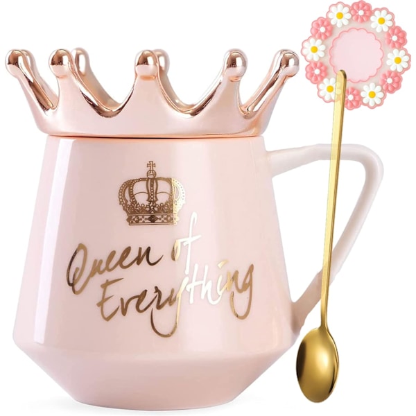 Queen of Everything Kanne med Lokk Søt Kannegave med Krone Mørkeblå Kaffe Kanne med Skje & Underlag Bursdagsgave til Kvinner Jenter Mamma Venn Pink