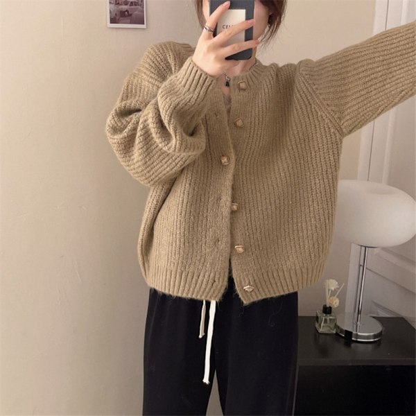 Kofta för kvinnor Cardigan Knapp Öppen Fram Crewneck Topp