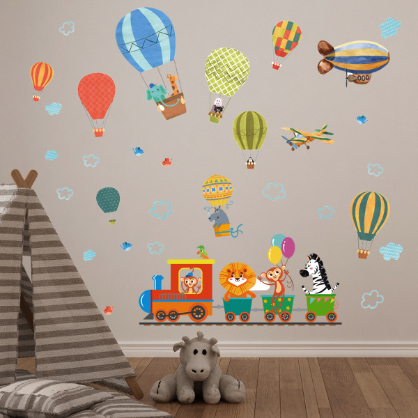 Eläinjunan ja kuumailmapallojen lasten tarrat kuorittavat ja tarttuvat irrotettavat lastenhuoneen makuuhuoneen olohuoneen taidemaalaukset Koristeet