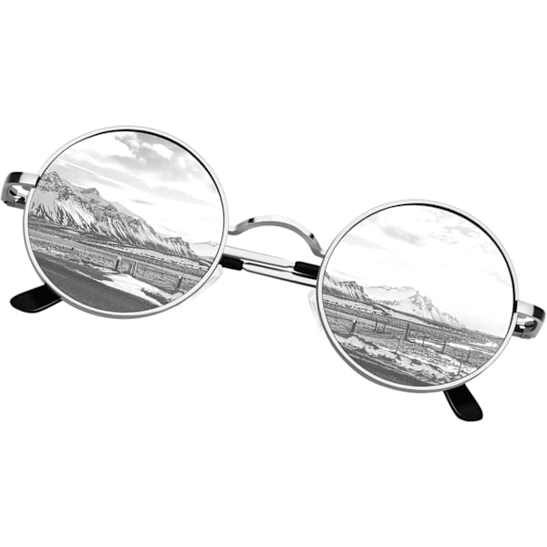 Runde solbriller til mænd og kvinder, retro 70'er polariserede hippie Lennon cirkel UV400 solbriller til mænd Silver Frame Silver