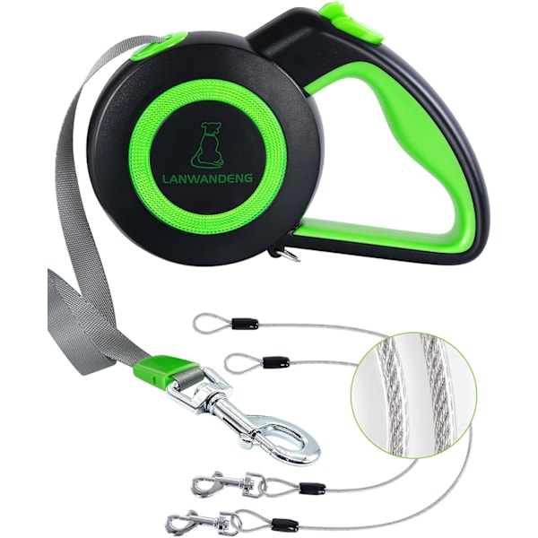 Heavy Duty Indtrækkelig Hundeline med 2 Tyggefaste Wire Reb, 16FT Lange Liner 360 Grader Knæfrie til 2 Hunde, Dobbelt Hundeline til Små/Mellemstore/Store Hunde Green L Large