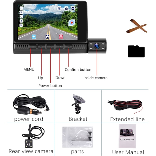 3-kanals dashcam fram och bak inuti, 4 tum 1080P dashkamera för bilar trevägs trippel bilkamera med IR-nattseende, loop-inspelning, G-sensor