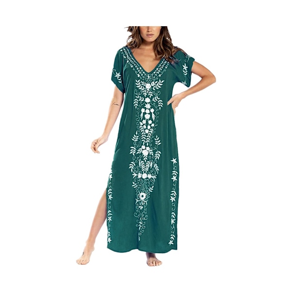Kvindebroderi Kortærmet Bikini Badetøj Cover Up Side Split Strand Kaftan Kjole