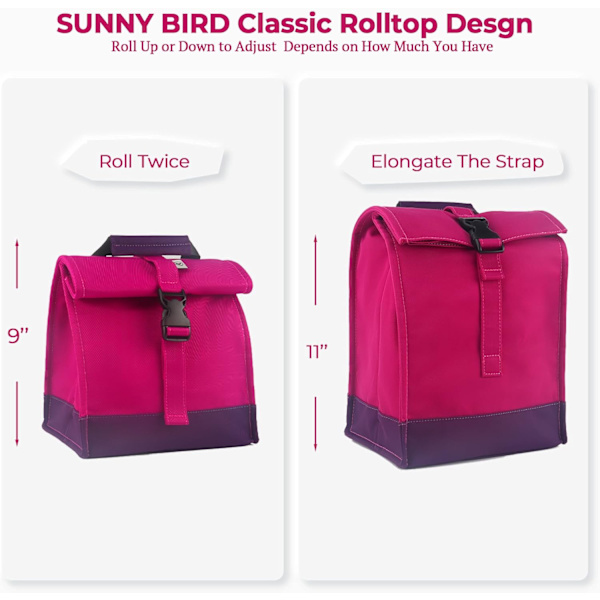 Isolert lunsjpose Rolltop lunsjboks Tote lunsjpose for kvinner, jenter, tenåringer og barn (lilla) Purple