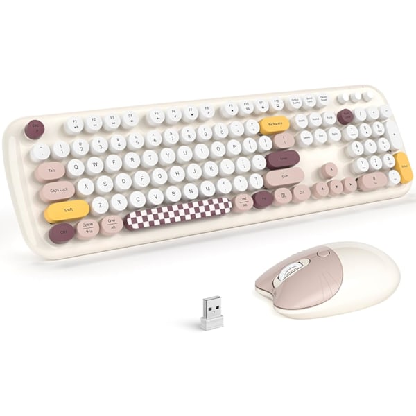 Trådlöst tangentbord och mus-set, 2.4G Full-Size Retro Skrivmaskins-tangentbord och 3-nivåers justerbar trådlös mus för Windows