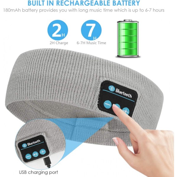Nukkumiseen tarkoitetut Bluetooth-kuulokkeet, joissa on mikrofoni, ultrapehmeä panta kylkinukkujille, treenaamiseen, juoksuun ja lenkkeilyyn (harmaa)