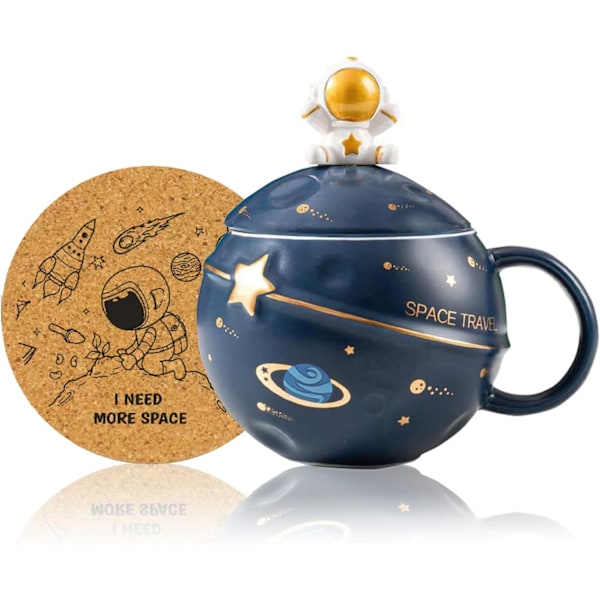 Astronautkopp med rymdpräglad planetmugg, Nyhetsmugg med lock och sked för kaffe, te, mjölk, estetisk inredning rolig present till flicka pojke kvinnor