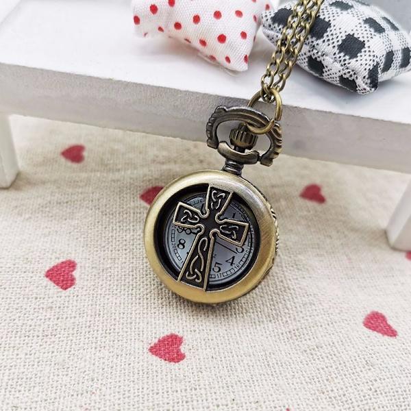 (1 set) Kvartsur, väggur, fickur, dam retro fickur med flipp ([Cross Bronze])