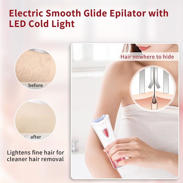 Epilator til hårfjerning til kvinder - bærbar epilator - Glamorous Skin Epilator til ansigt - Elektrisk Smooth Glide Epilator med LED-koldt lys