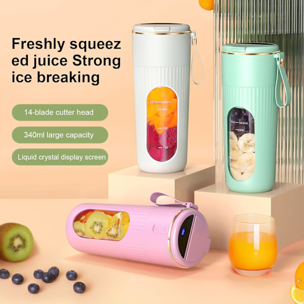 Kannettava Mehukone Sekoittimet Smoothieille 340ML Mehukoneet Sekoittimet Monitoiminen Hedelmäsekoitin LED-näytöllä Pink
