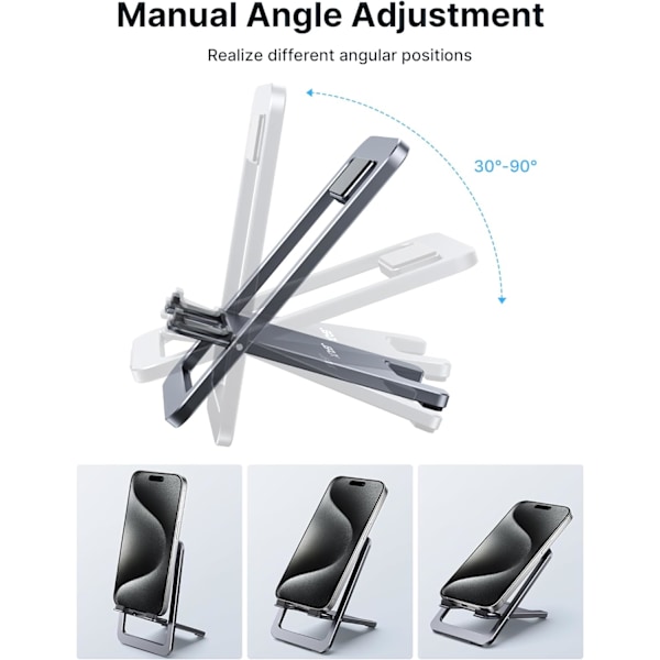 Mobiltelefonstativ, sammenleggbar aluminiums justerbar reisetelefonholder for skrivebord, kompatibel med iPhone 15 14 13 12 11 Pro Max X Xr Samsung S22 S21 1-Grey