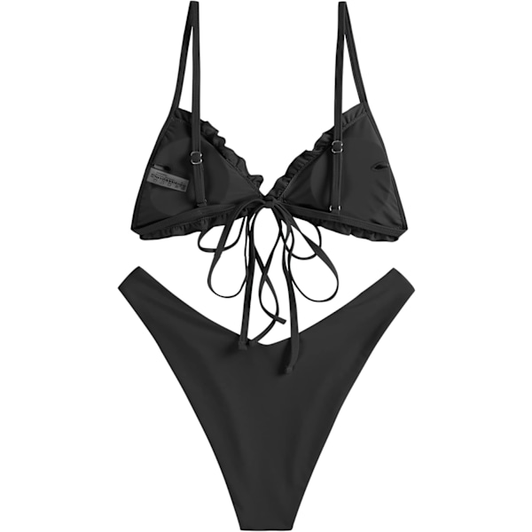 WJSM Damtriangelbikini med blommiga volanger och rosett, tvådelad baddräkt B-black M