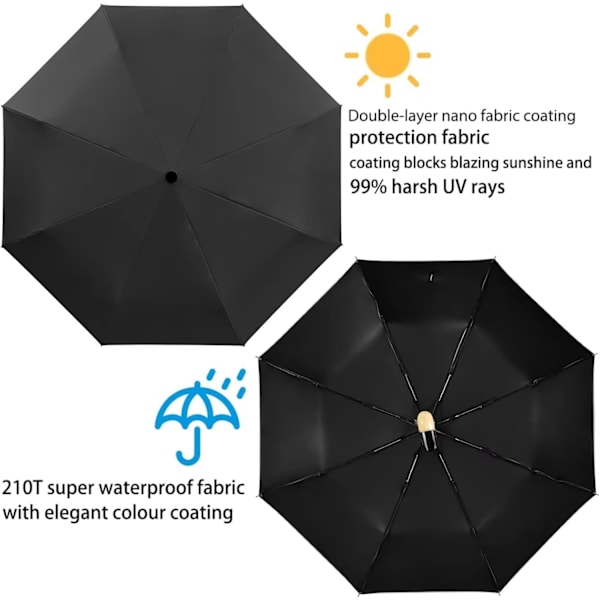 Kompakt liten paraply for regn og sol, søt design andehode paraply for jenter gaver, 8 ribber sammenleggbar paraply med trehåndtak Black