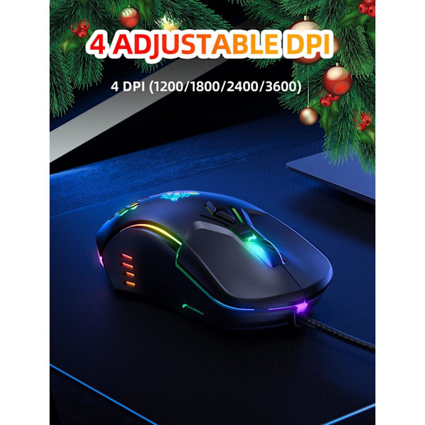 Spillmus, Trådløs PC-mus for nybegynnere med RGB-bakgrunnsbelysning og justerbar DPI, Ergonomisk kontormus for bærbare datamaskiner, Spillmus med 7 responsive knapper