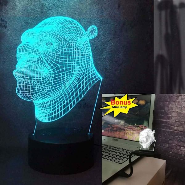 3D Shrek LED nattlys med 7 fargeendringer, fjernkontroll, USB-base, batteridrevet, skrivebordslampe, optisk illusjon, nattlys, hjemmedekor, gutt, barn, barn