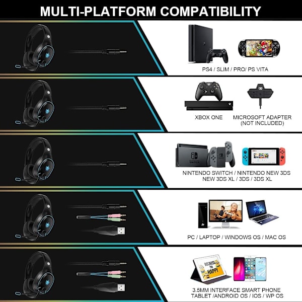 H-8 PC-spelheadset för PS4, PS5, handkontroll, Xbox One-headset med stereoljud, over-ear-hörlurar med brusreducerande mikrofon, LED-ljus, volym