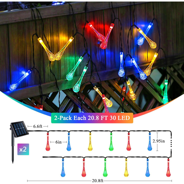 2 pakker solcelledrevne udendørs lyskæder, i alt 40FT 100 LED dråbeformede vanddråbelys, solcelledrevne julelys til udendørs brug, vandtætte til have, terrasse, gård Water Drop