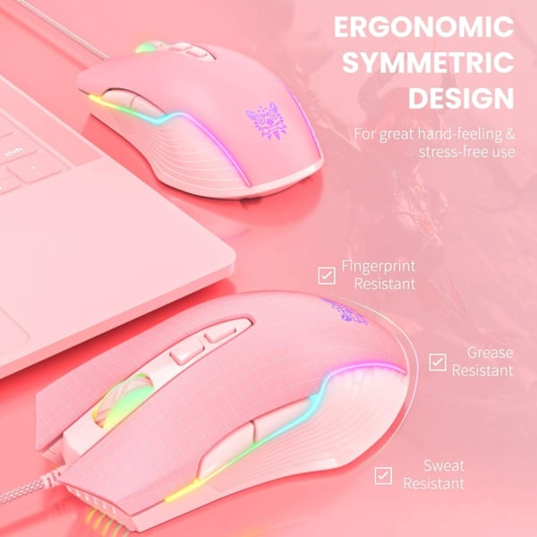 RGB Spelmus Trådbunden, USB Optisk Datormus med RGB Bakgrundsbelysning, 6 Justerbara DPI Upp till 6400, med 7 Programmerbara Knappar Pink