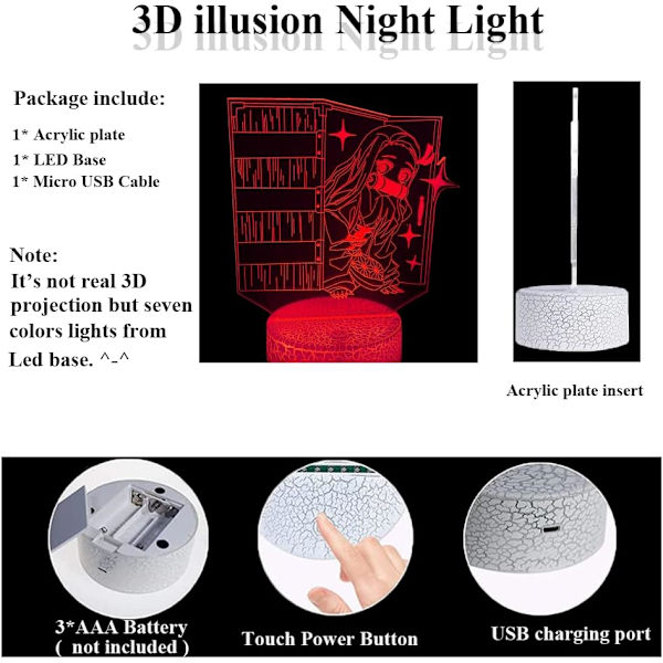 3D Illusions nattlys, Anime-lampe med 7 farger for barnegavene soverom dekor (Søt jente)