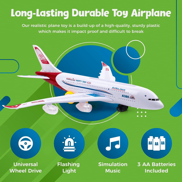 Lentokonelelut lapsille, Bump and Go -toiminta, toddler lelulentokone LED-vilkkuvilla valoilla ja äänillä 3–12-vuotiaille pojille ja tytöille (Airbus A380)