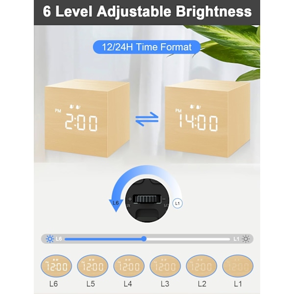 Digitalt vækkeur, med elektronisk LED-tidsvisning i træ, dobbelt alarm, 2,5-tommer kubisk lille mini træfremstillet elektrisk ur til soveværelse, sengebord, Yellow
