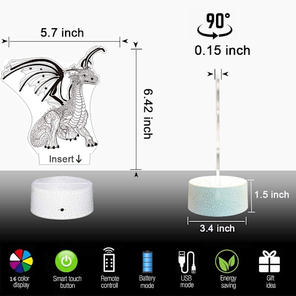 Dragon 3D Optisk Illusion Barnlampa 3D Nattlampa Sänglampa 16 Färger med Fjärrkontroll Dragon Leksaker som en Perfekt Födelsedagspresent för Pojkar och Flickor