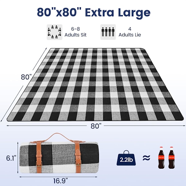 80\"x 80\" Ekstra Stort Picnic Tæppe, Vandtæt og Foldbart Strandtæppe, 3-Lags Udendørs Tæppe til 6 til 8 Voksne, til Camping black and white