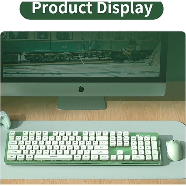 Bakgrundsbelyst Trådlöst Tangentbord och Mus, Tyst Inmatning, Sömnläge, 2.4G Laddningsbart Datortangentbord och Optisk Musuppsättning för Laptop PC Green+warm light