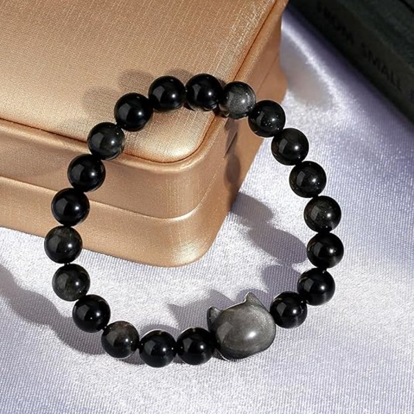Kattarmband, Katt Smycken Presenter för Kvinnor Män, 8 mm Kristall Armband för Lycka, Natursten Pärlarmband, Katt Presenter för Kattälskare