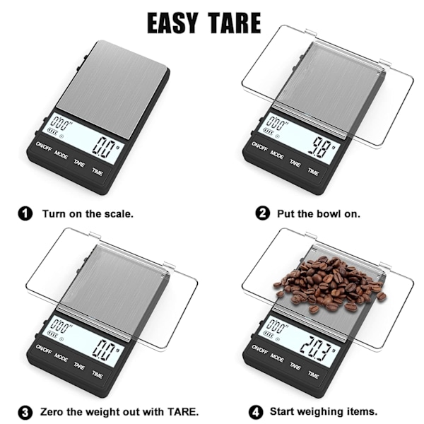 SMEspresso-vekt med timer 1000 g x 0,1 g Liten og tynn reisekaffev vekt, Mini digital vekt gram og unser med stor bakgrunnsbelyst LCD rustfritt stål