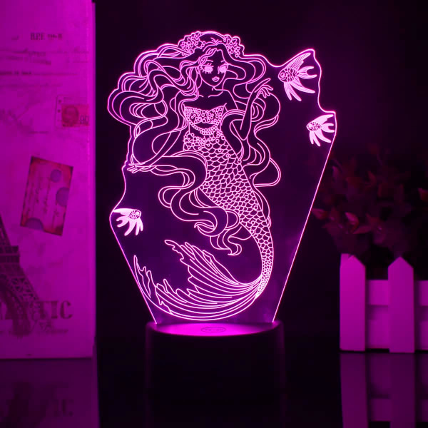 Anime Havfrue Figur 7/16 Farve Fjernbetjening Berøringskontakt Natlys 3D Illusion Lampe til Soveværelses Dekoration USB Lys Julegave (Sort Base)